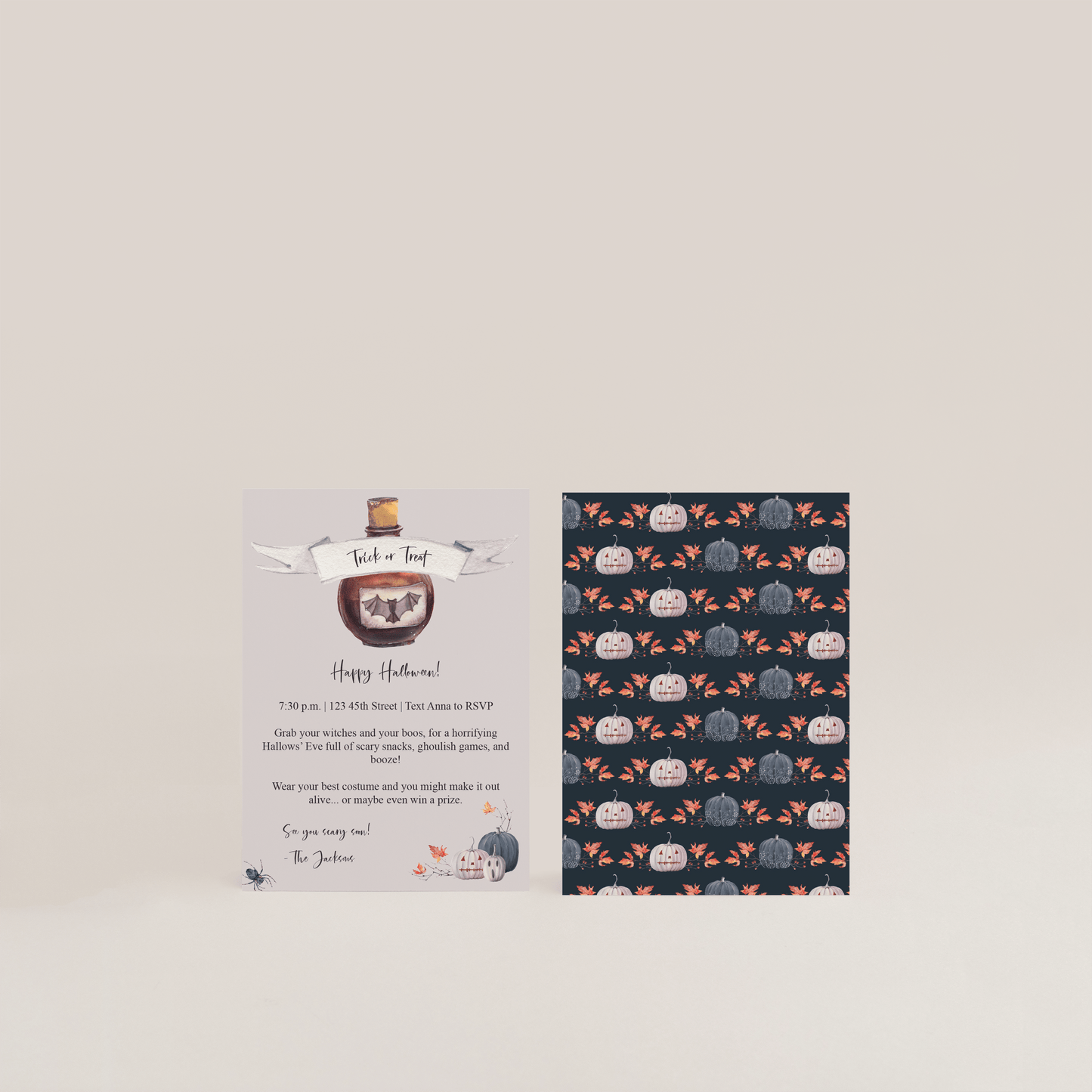 Front and back design on downloadable Halloween party invitation