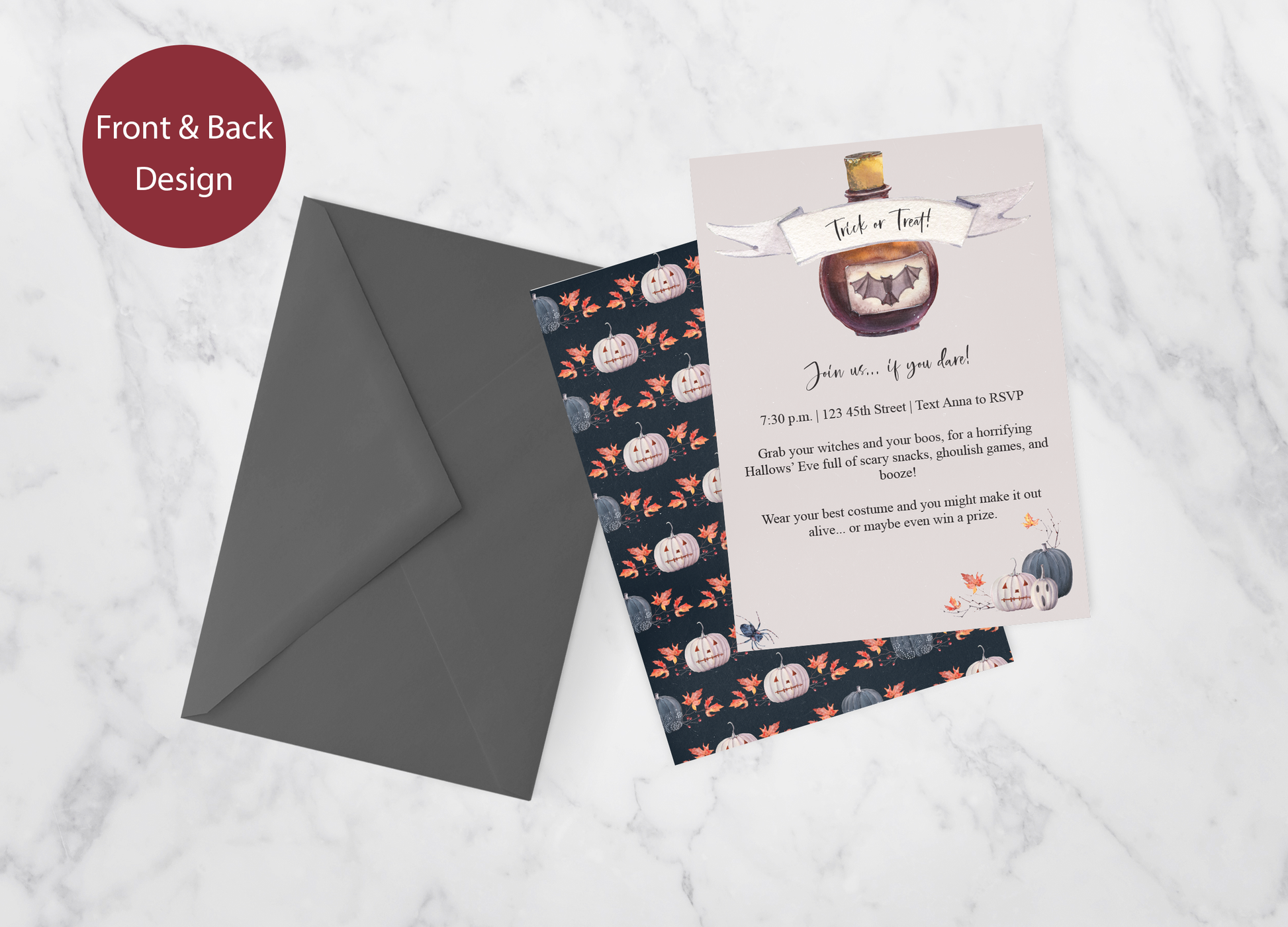 Two sided design on Halloween party invitation